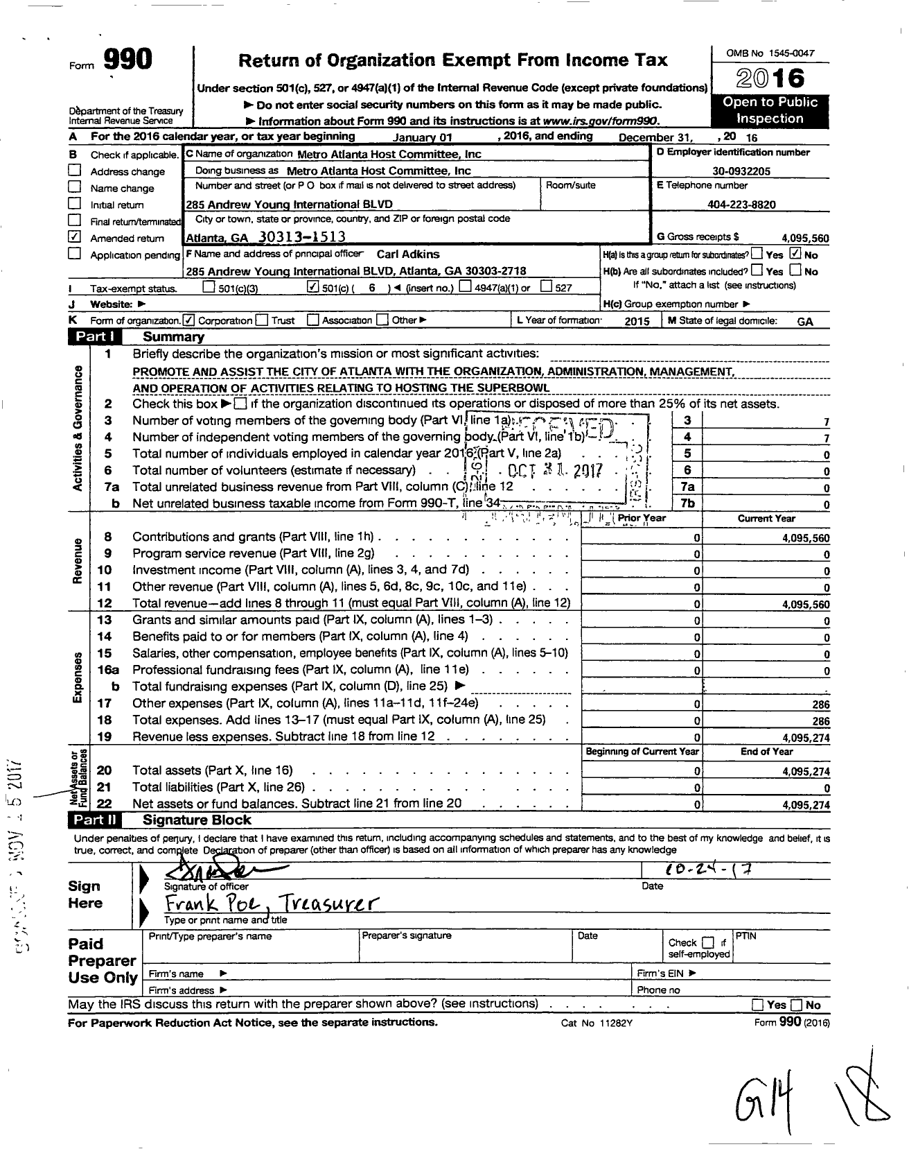 Image of first page of 2016 Form 990O for Metro Atlanta Host Committee