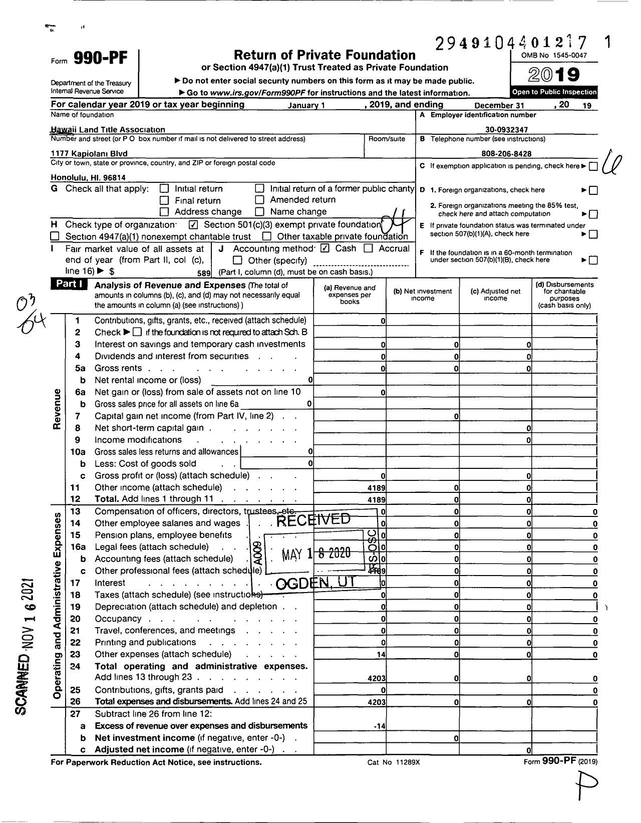 Image of first page of 2019 Form 990PF for Hawaii Land Title Association