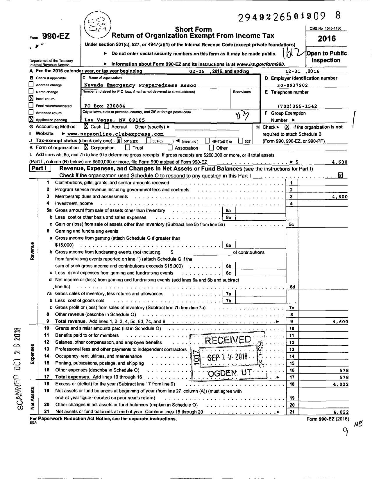 Image of first page of 2016 Form 990EZ for Nevada Emergency Preparedness Association