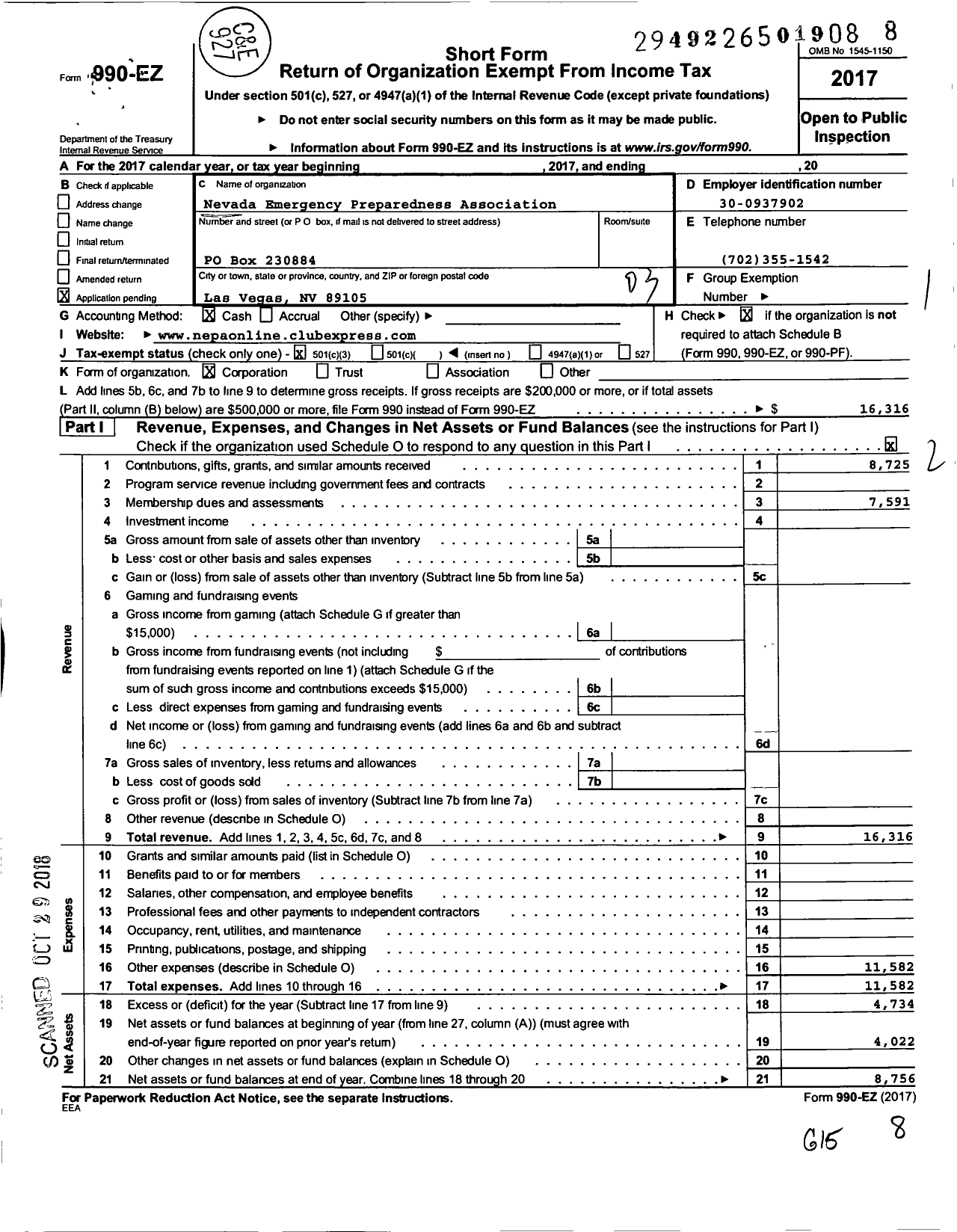 Image of first page of 2017 Form 990EZ for Nevada Emergency Preparedness Association