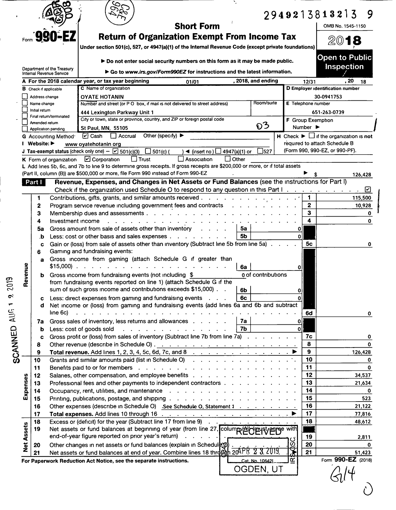 Image of first page of 2018 Form 990EZ for Oyate Hotanin