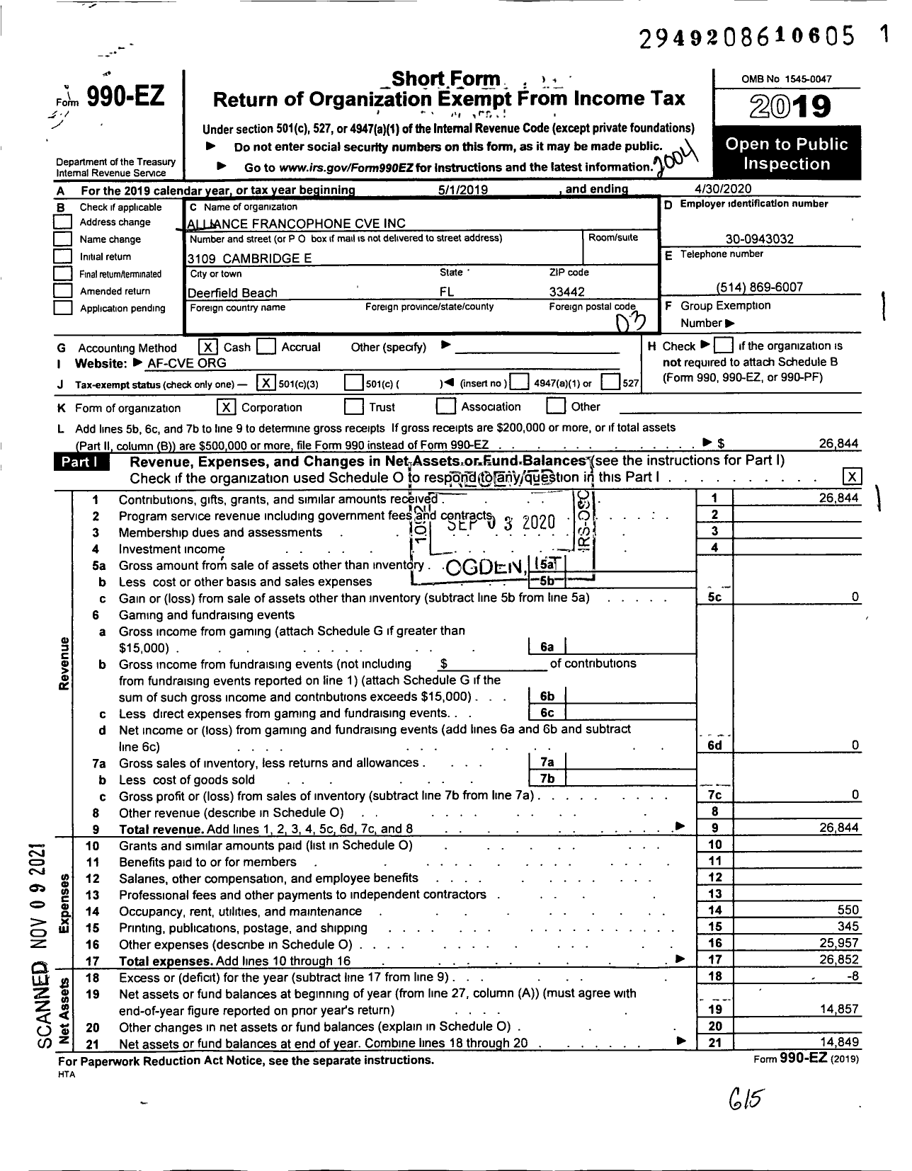 Image of first page of 2019 Form 990EZ for Alliance Francophone Cve