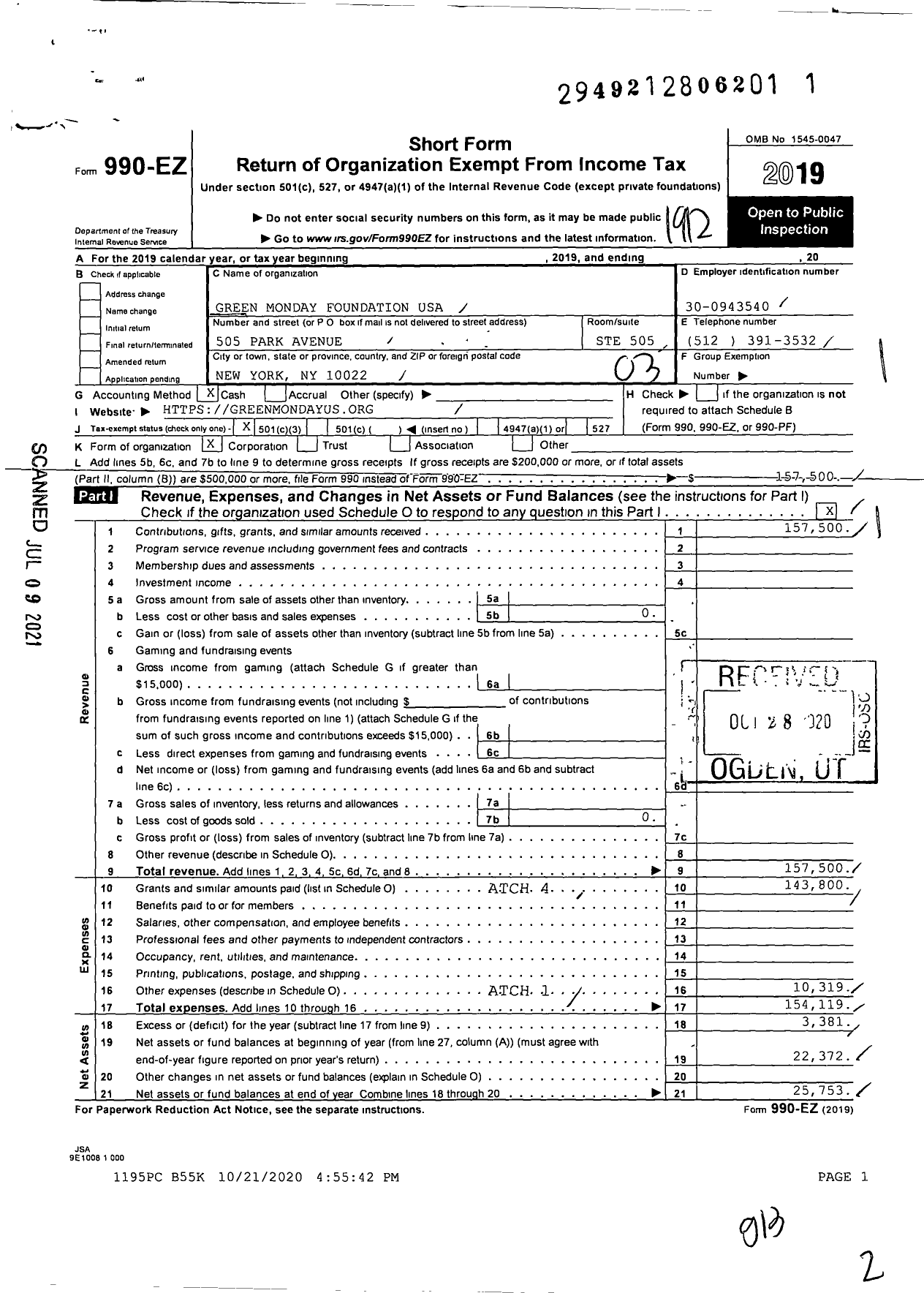 Image of first page of 2019 Form 990EZ for Green Monday Foundation USA