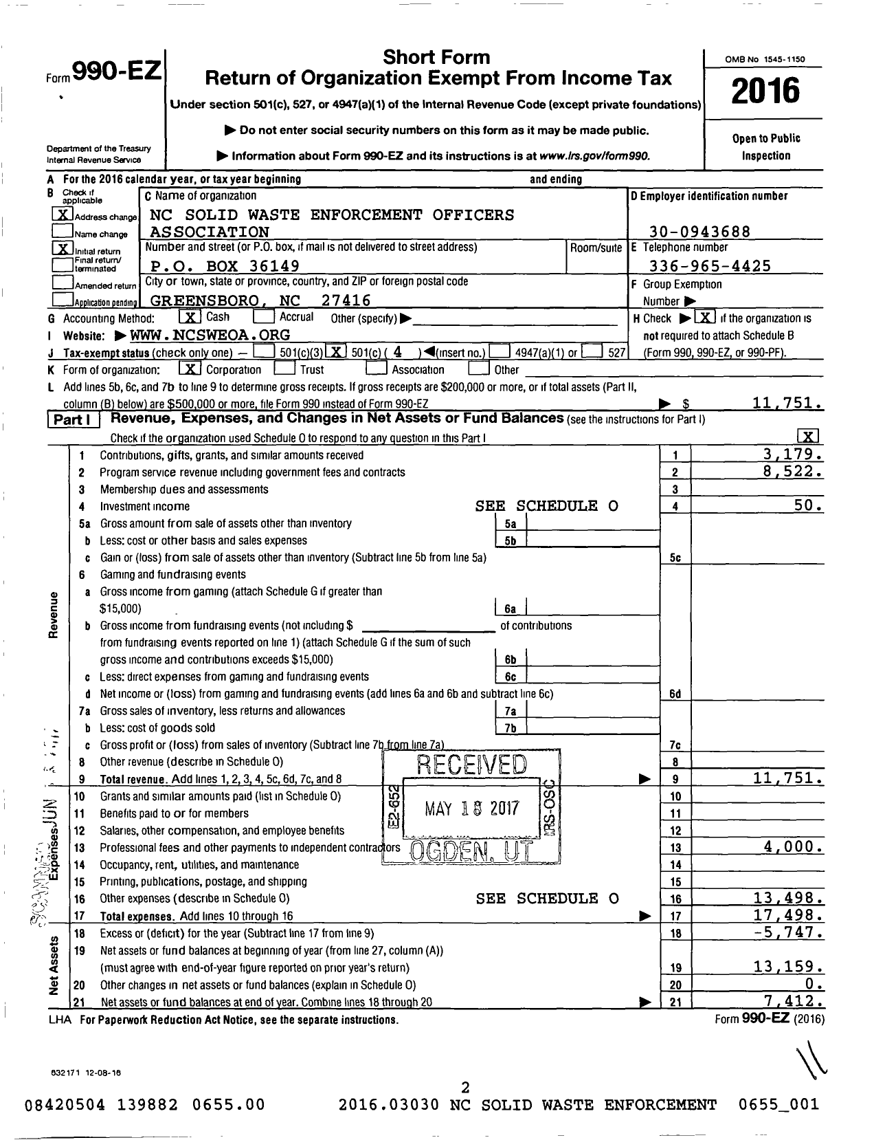 Image of first page of 2016 Form 990EO for NC Solid Waste Enforcement Officers Association