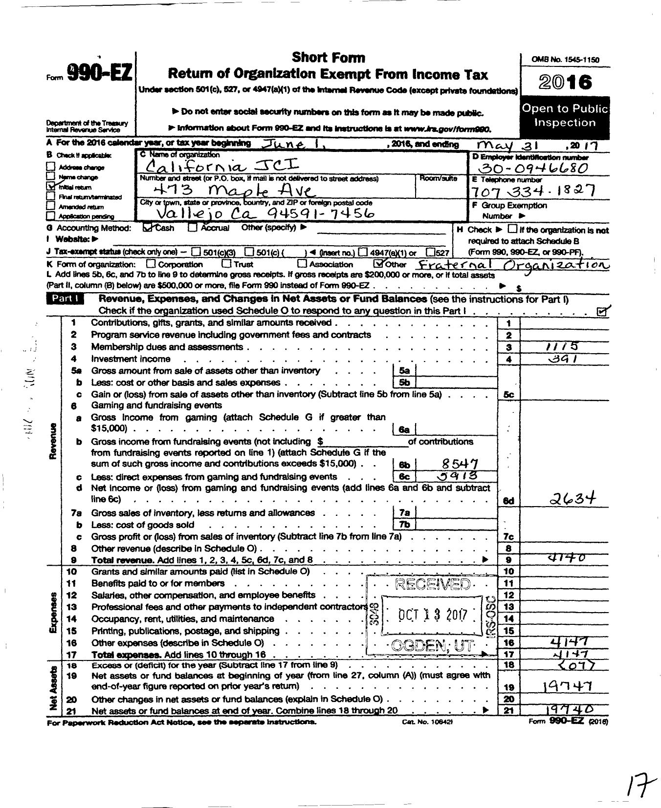 Image of first page of 2016 Form 990EO for California Jci