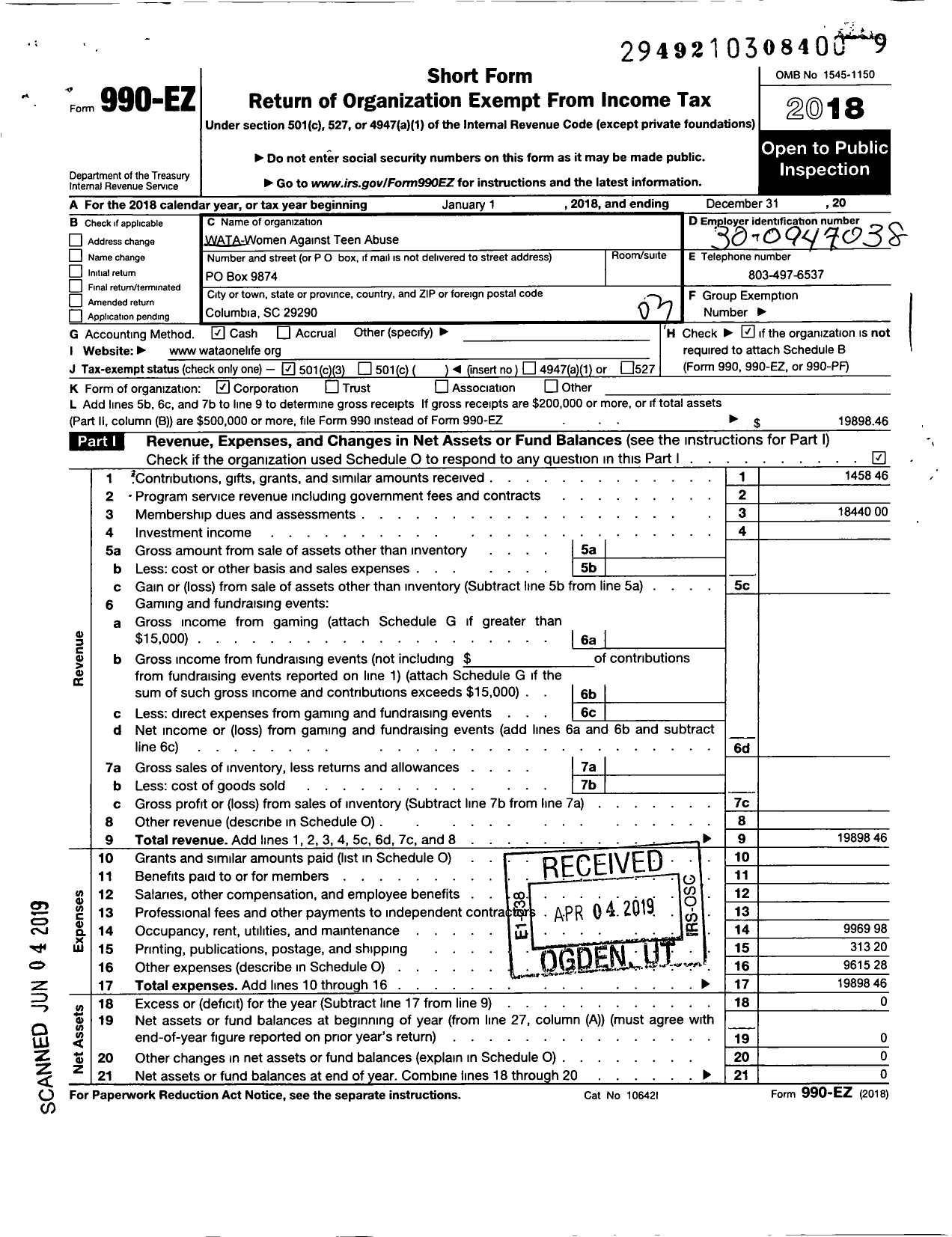 Image of first page of 2018 Form 990EZ for Wata Women Against Teen Abuse