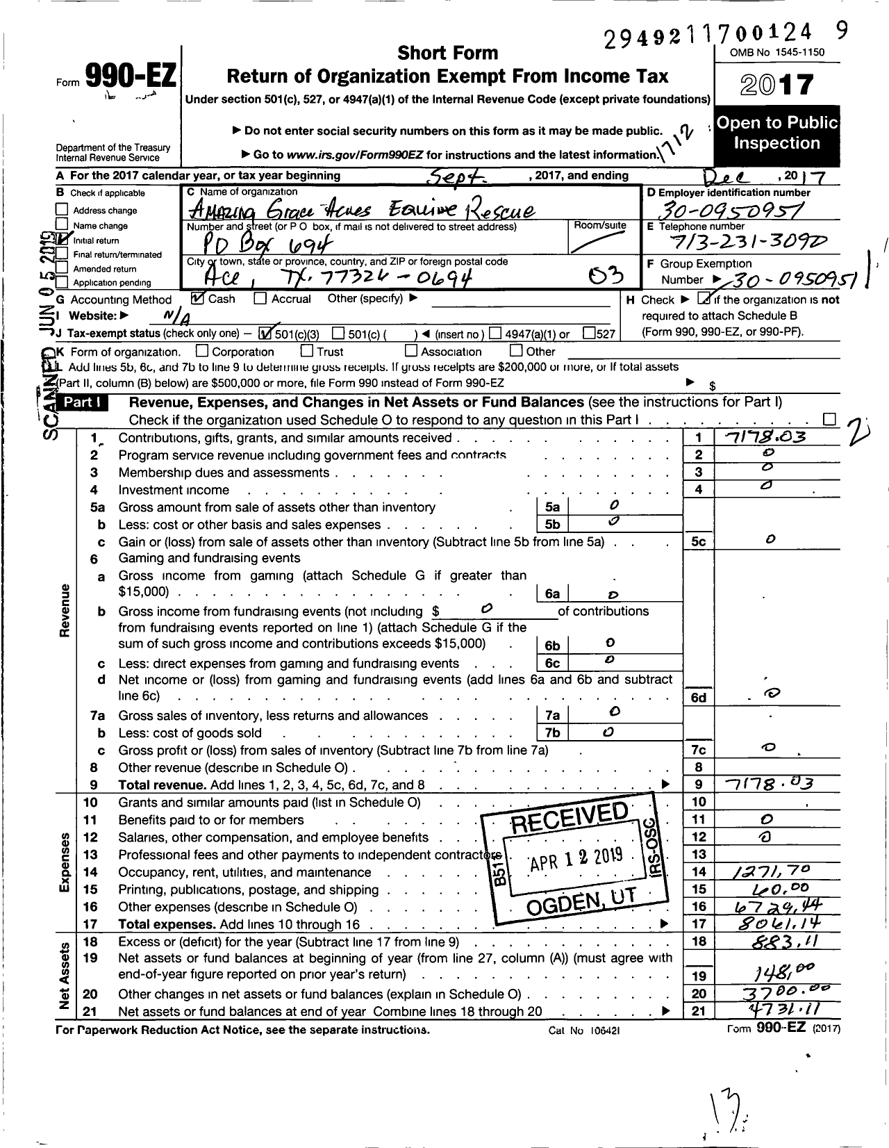 Image of first page of 2017 Form 990EZ for Amazing Grace Acres Equine Rescue