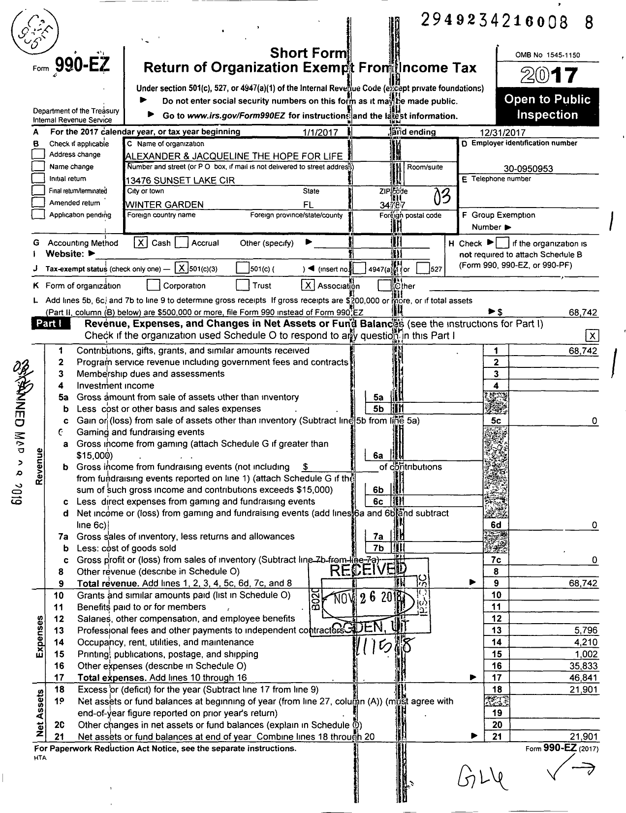 Image of first page of 2017 Form 990EZ for Alexander and Jacqueline Hope for Life