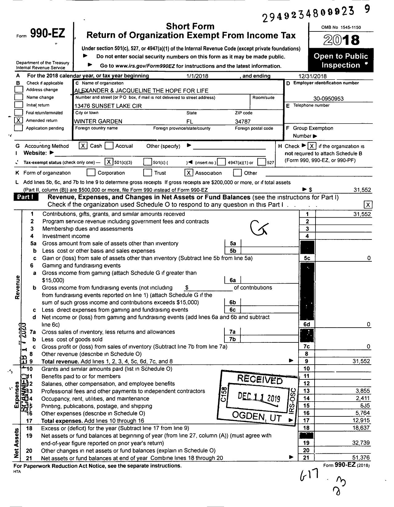 Image of first page of 2018 Form 990EZ for Alexander and Jacqueline Hope for Life