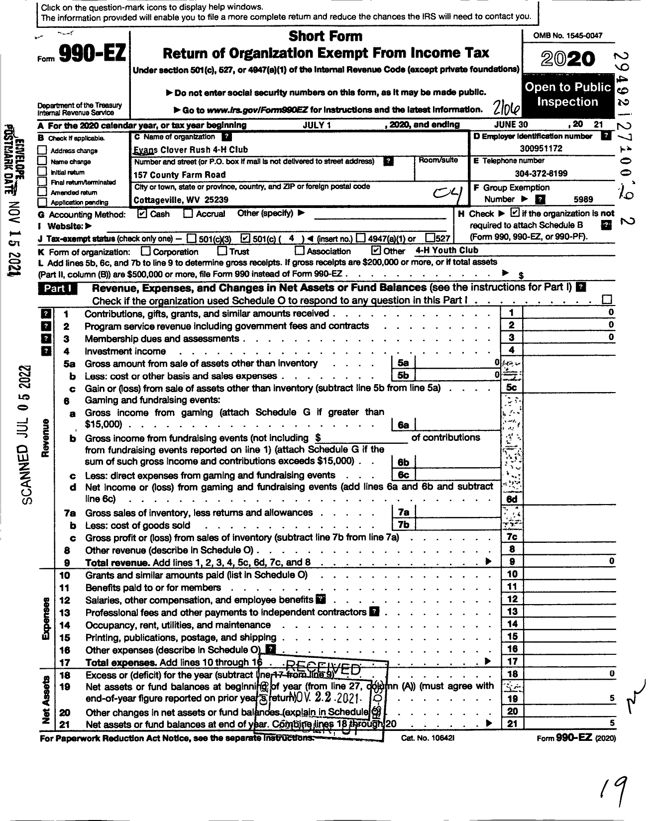 Image of first page of 2020 Form 990EO for State of West Virginia / Evans Clover Rush 4-H Club