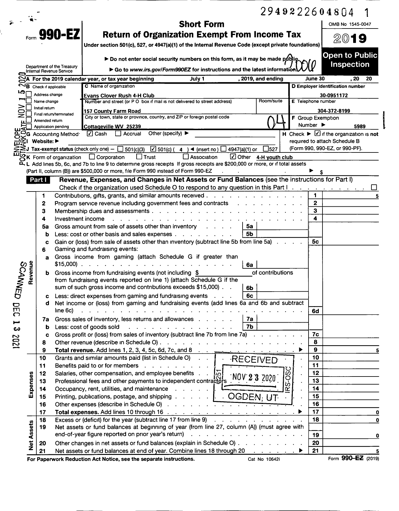 Image of first page of 2019 Form 990EO for State of West Virginia / Evans Clover Rush 4-H Club