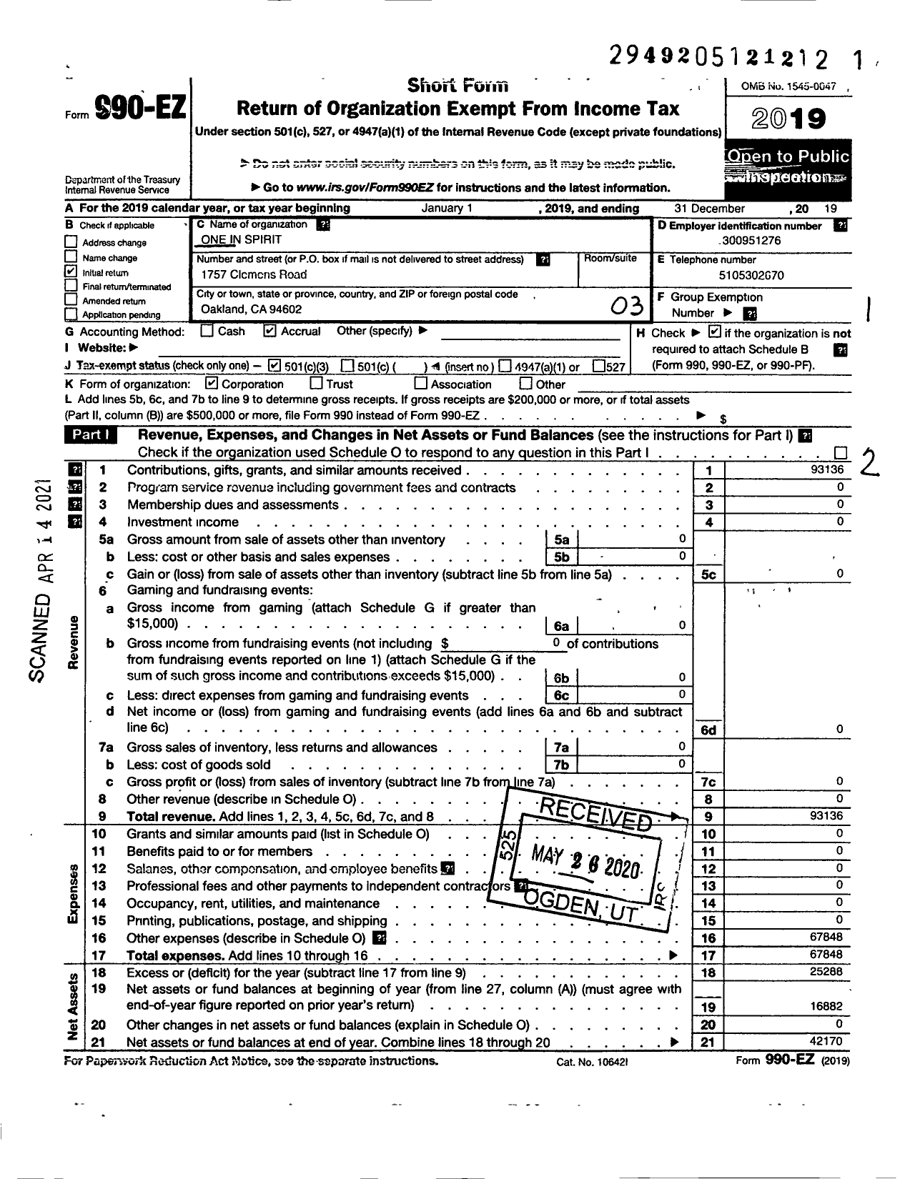 Image of first page of 2019 Form 990EZ for One in Spirit / Sai Events