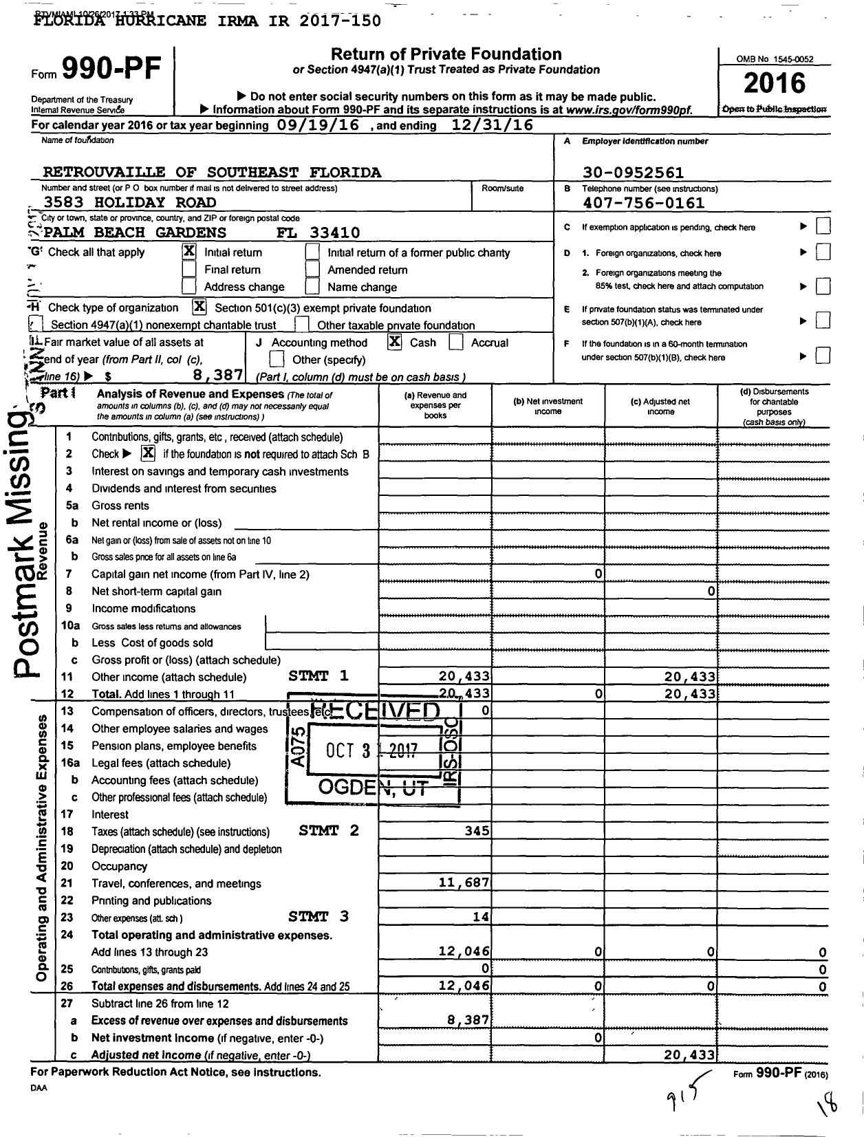 Image of first page of 2016 Form 990PF for Retrouvaille of Southeast Florida