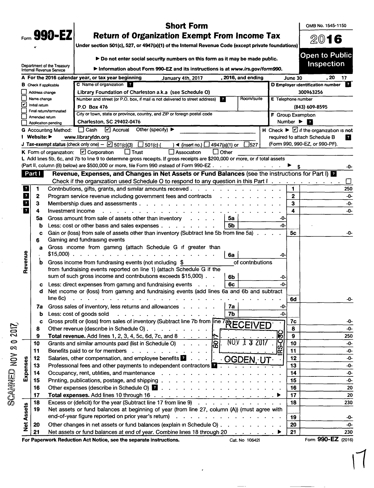 Image of first page of 2016 Form 990EZ for Library Foundation of Charleston