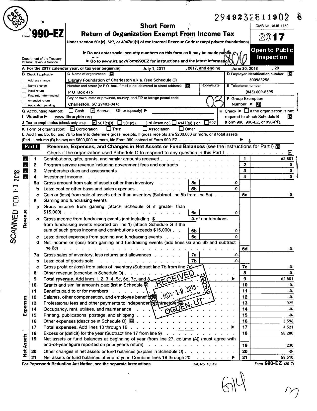 Image of first page of 2017 Form 990EZ for Library Foundation of Charleston