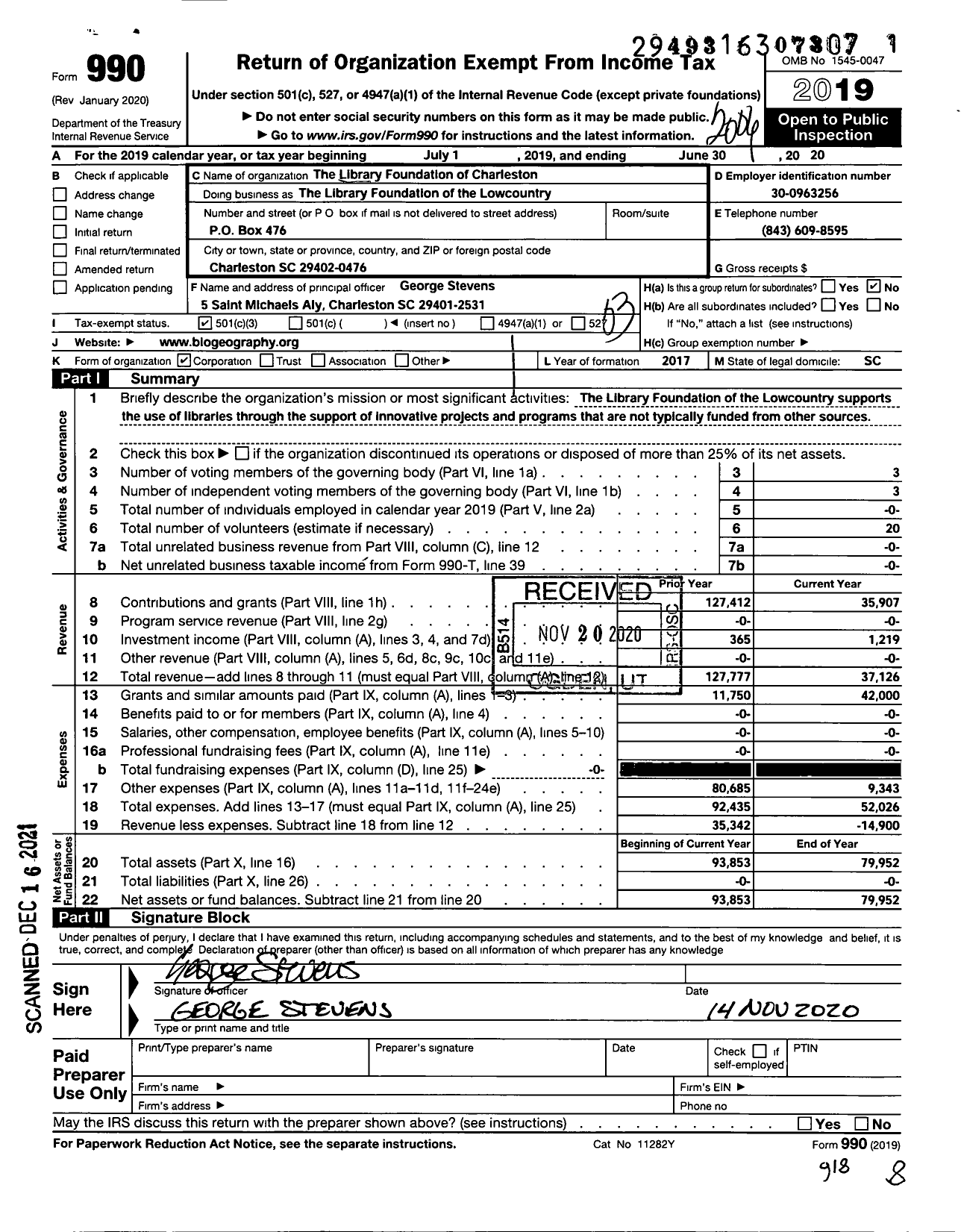 Image of first page of 2019 Form 990 for Library Foundation of Charleston