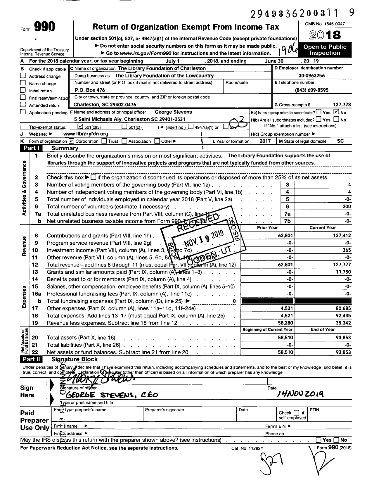 Image of first page of 2018 Form 990 for Library Foundation of Charleston