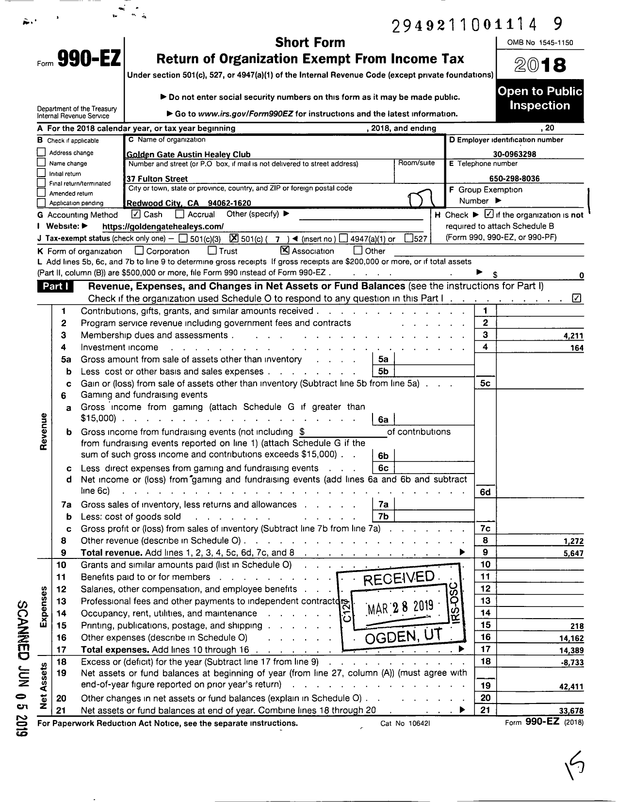 Image of first page of 2018 Form 990EO for Golden Gate Austin Healey Club