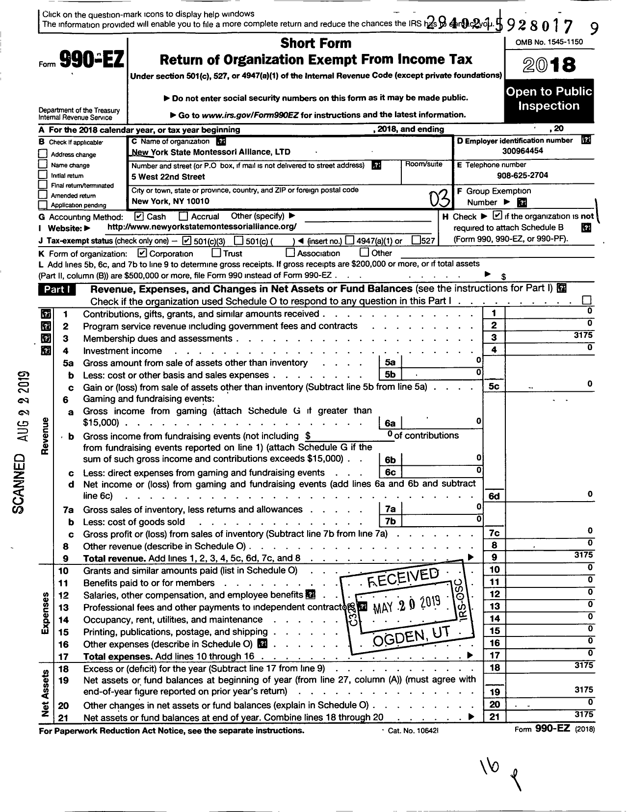 Image of first page of 2018 Form 990EZ for New York State Montessori Alliance