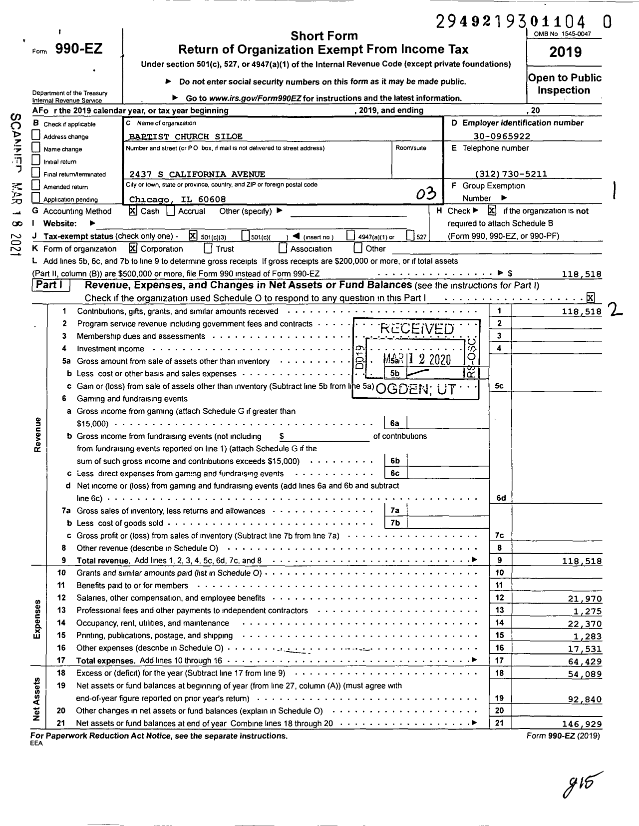 Image of first page of 2019 Form 990EZ for Baptist Church Siloe