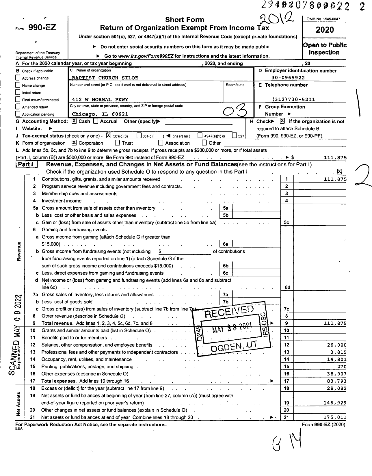 Image of first page of 2020 Form 990EZ for Baptist Church Siloe