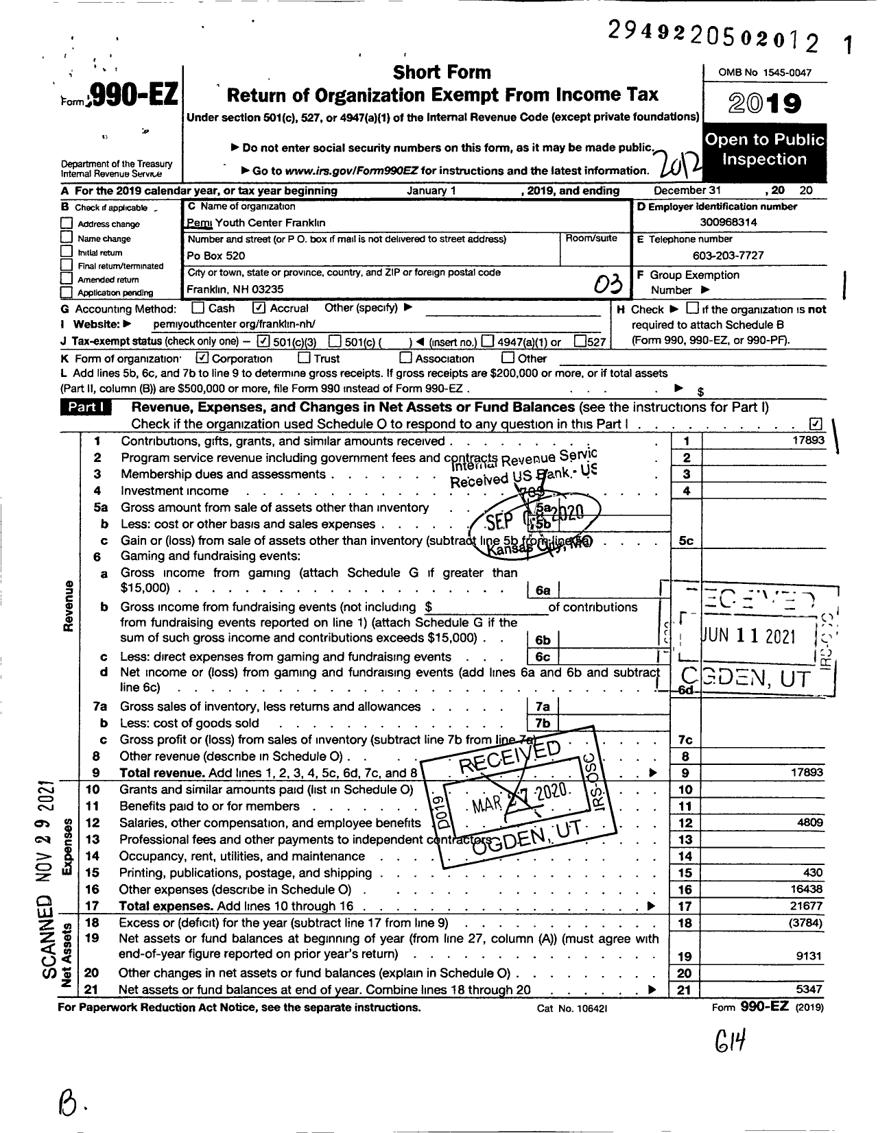 Image of first page of 2020 Form 990EZ for Pemi Youth Center-Franklin