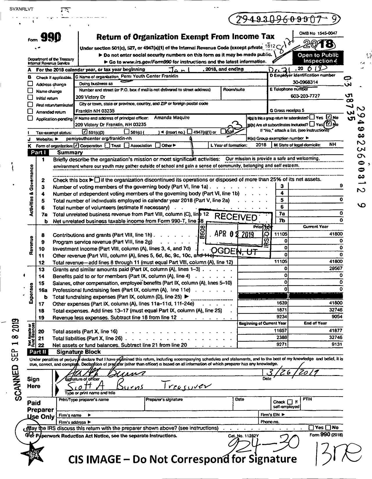 Image of first page of 2018 Form 990 for Pemi Youth Center-Franklin