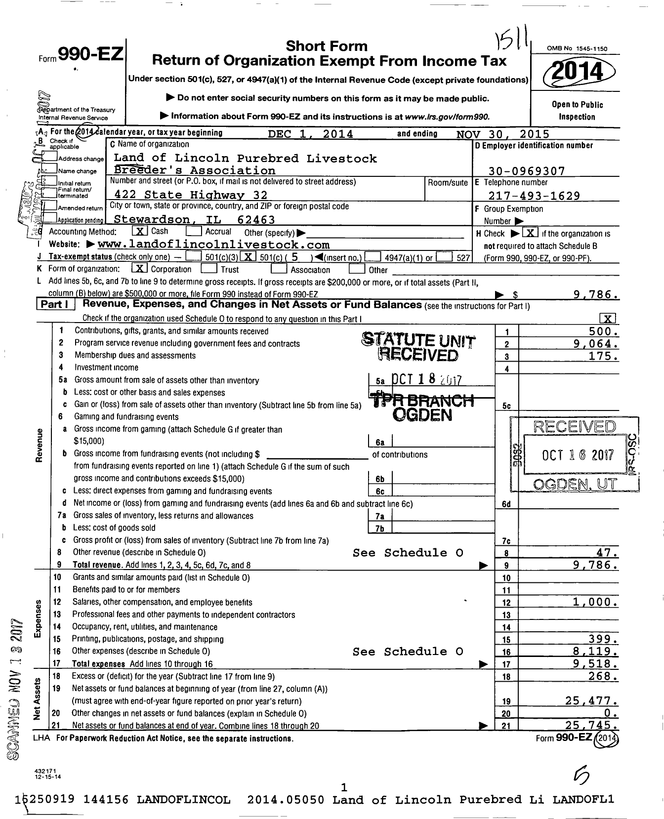 Image of first page of 2014 Form 990EO for Land of Lincoln Purebred Livestock Breeders Association