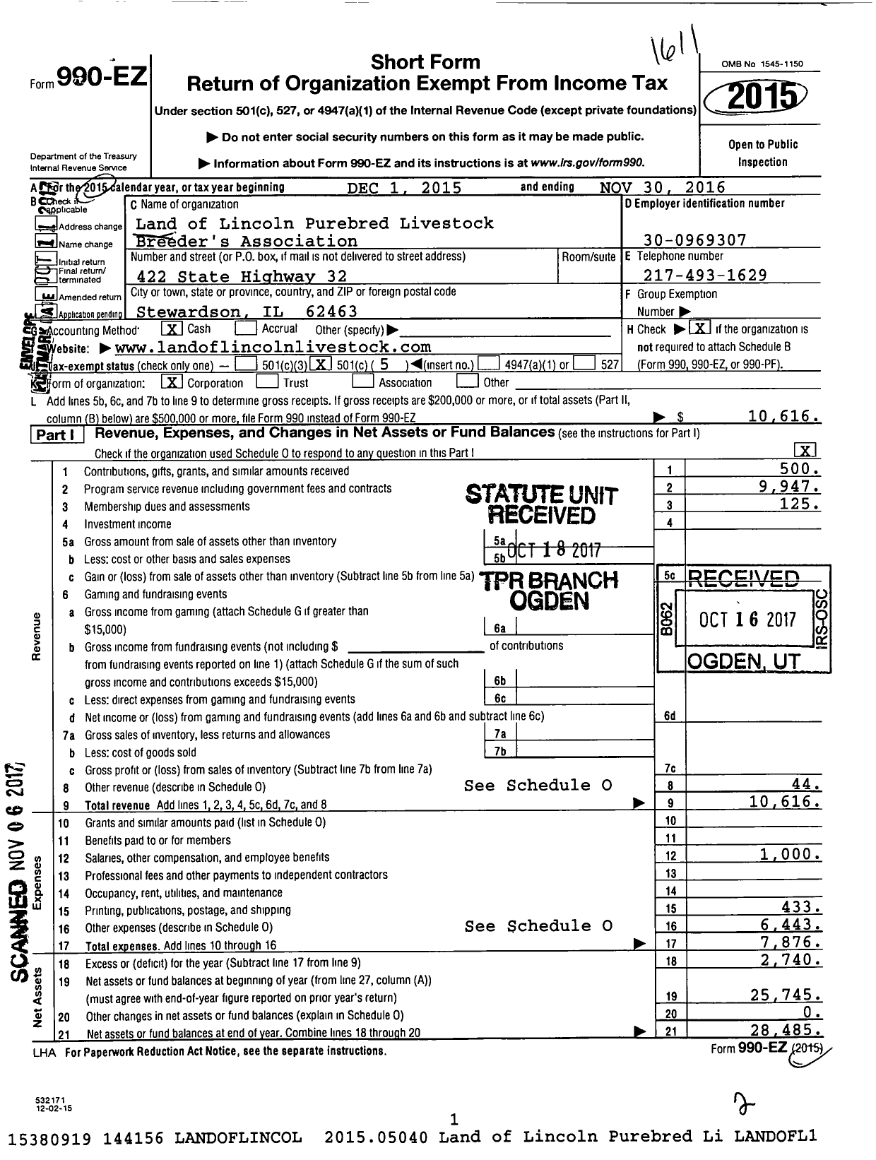 Image of first page of 2015 Form 990EOA for Land of Lincoln Purebred Livestock Breeders Association