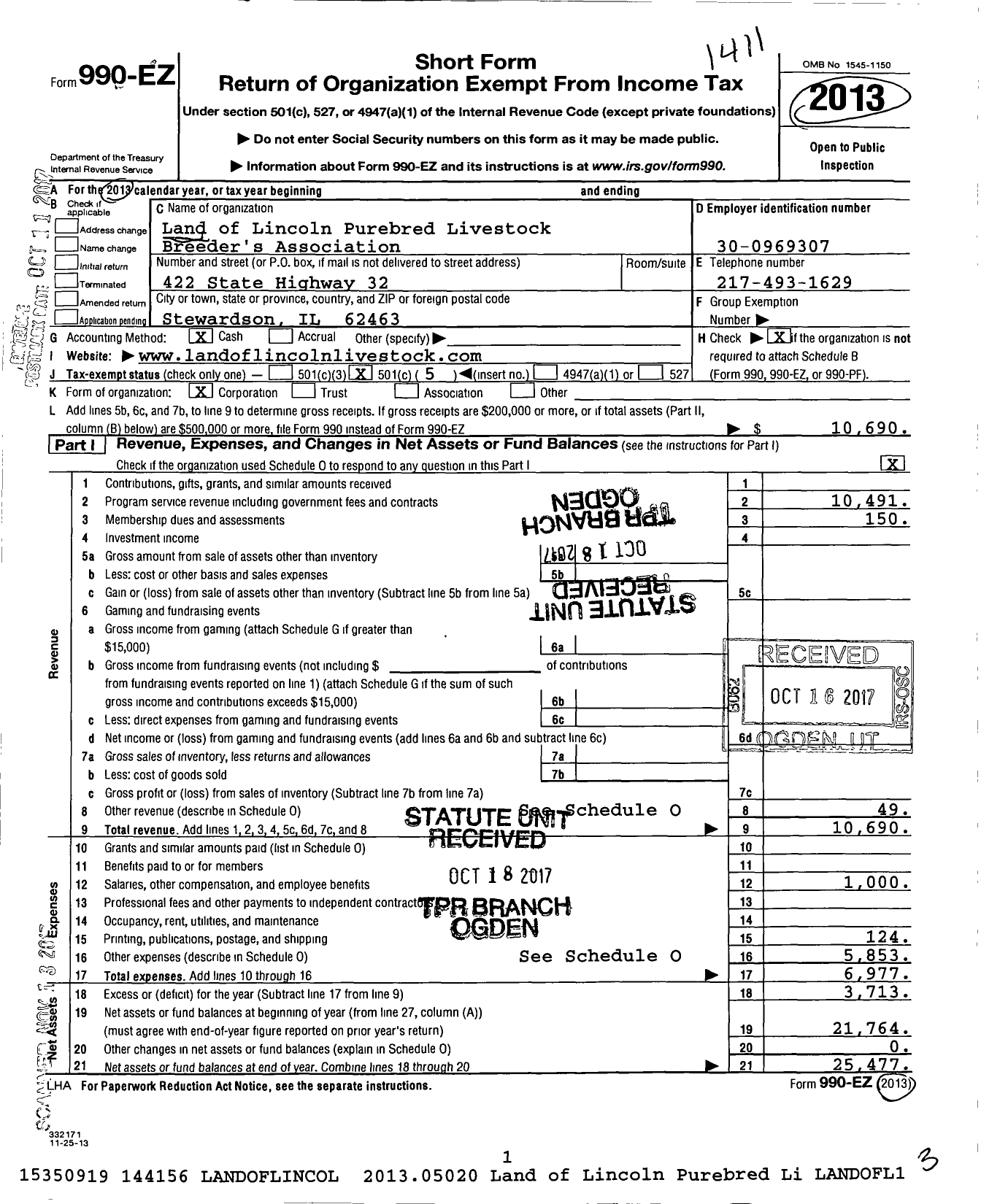 Image of first page of 2013 Form 990EO for Land of Lincoln Purebred Livestock Breeders Association