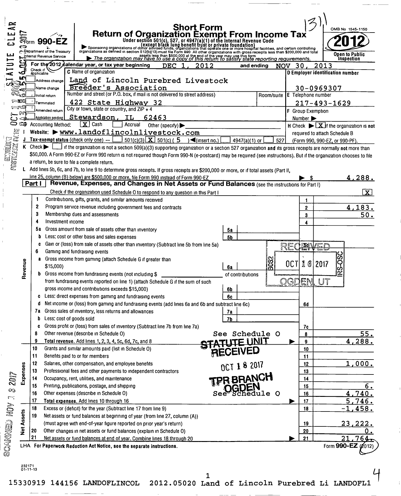 Image of first page of 2012 Form 990EO for Land of Lincoln Purebred Livestock Breeders Association