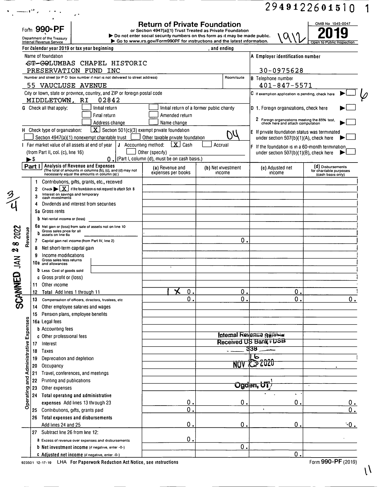 Image of first page of 2019 Form 990PF for St Columba's Chapel Historic Preservation Fund