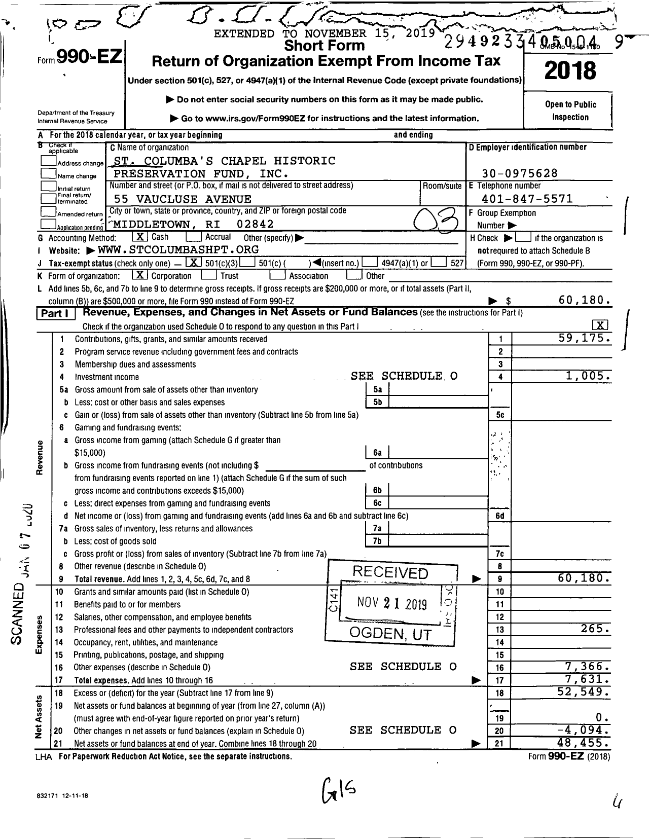 Image of first page of 2018 Form 990EZ for St Columba's Chapel Historic Preservation Fund