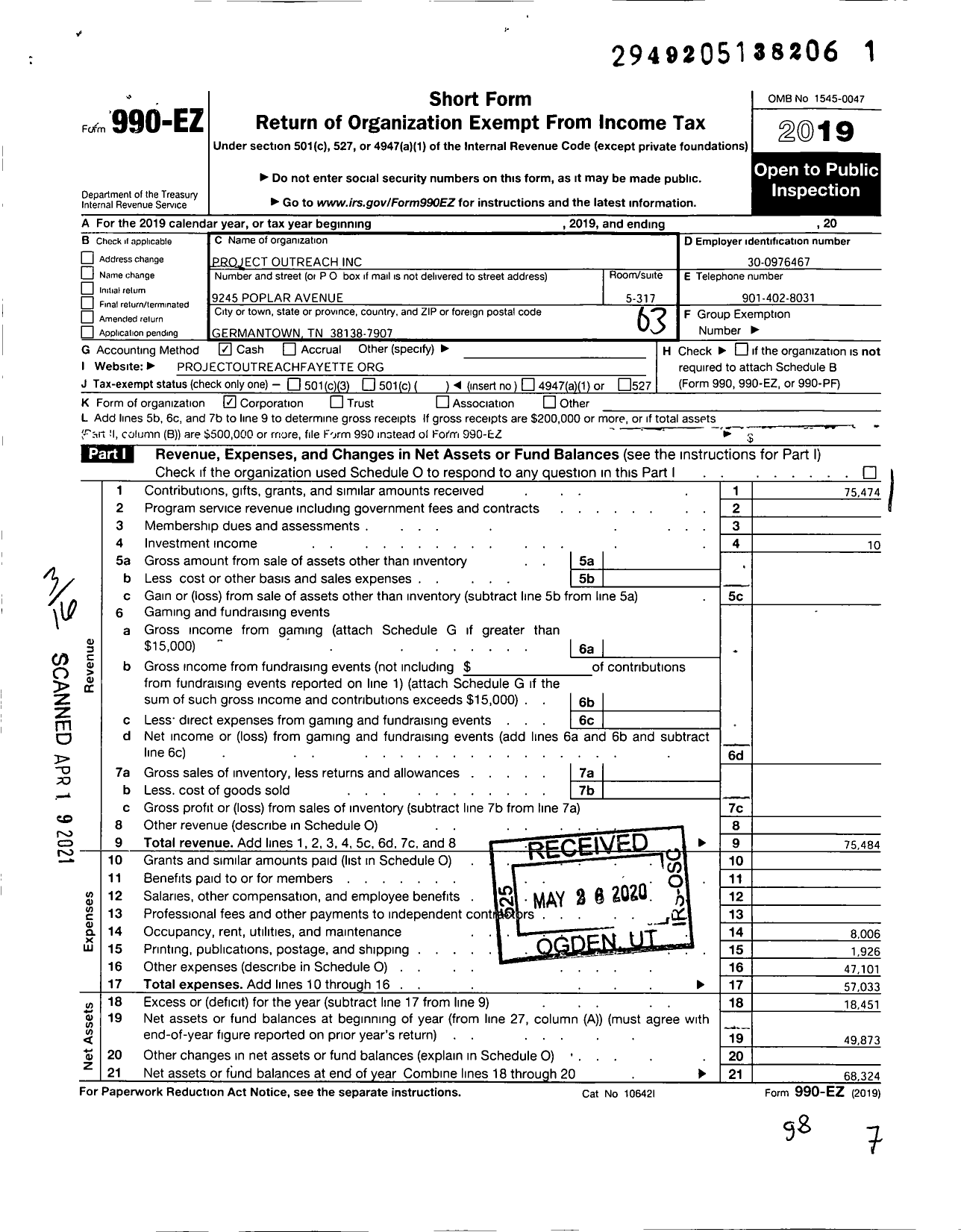 Image of first page of 2019 Form 990EZ for Project Outreach