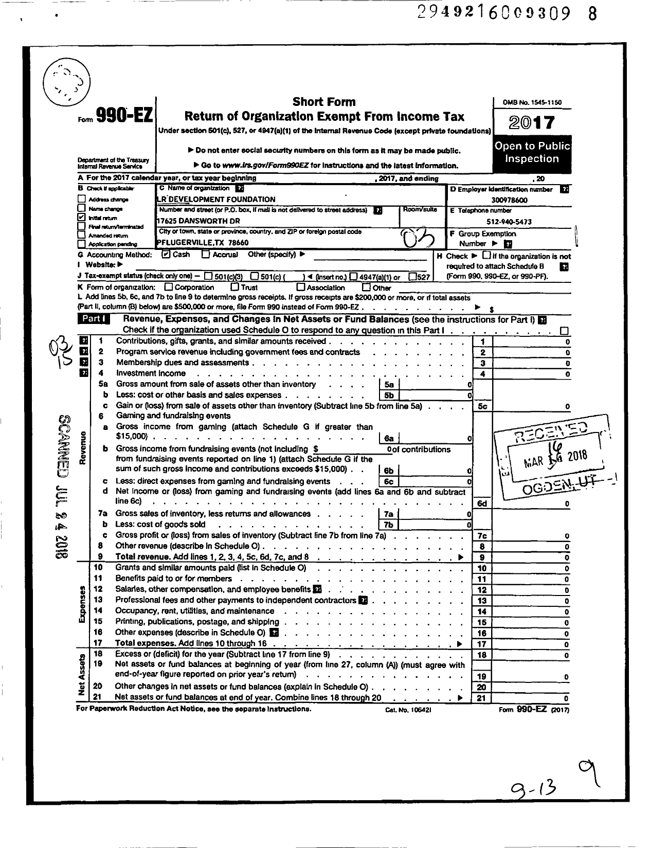 Image of first page of 2017 Form 990EZ for LR Development Foudation