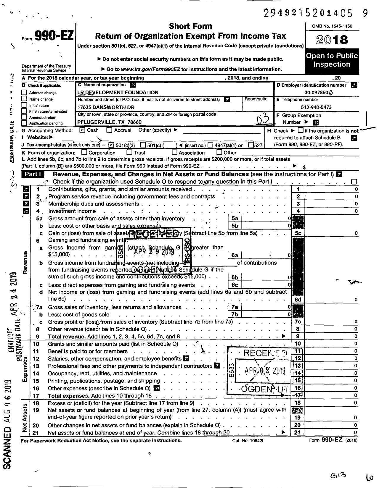 Image of first page of 2018 Form 990EZ for LR Development Foudation