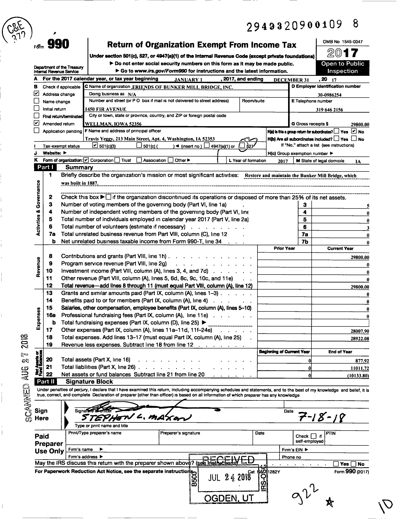 Image of first page of 2017 Form 990 for Friends of Bunker Mill Bridge