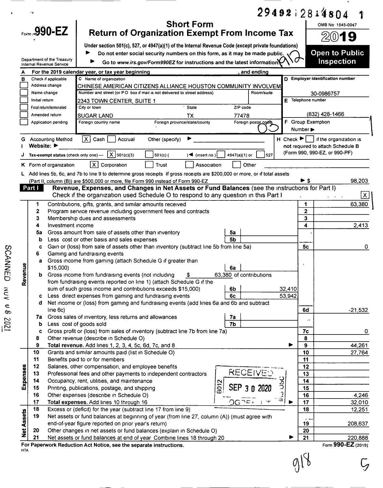 Image of first page of 2019 Form 990EZ for Chinese American Citizens Alliance Houston Community Involvement Fund