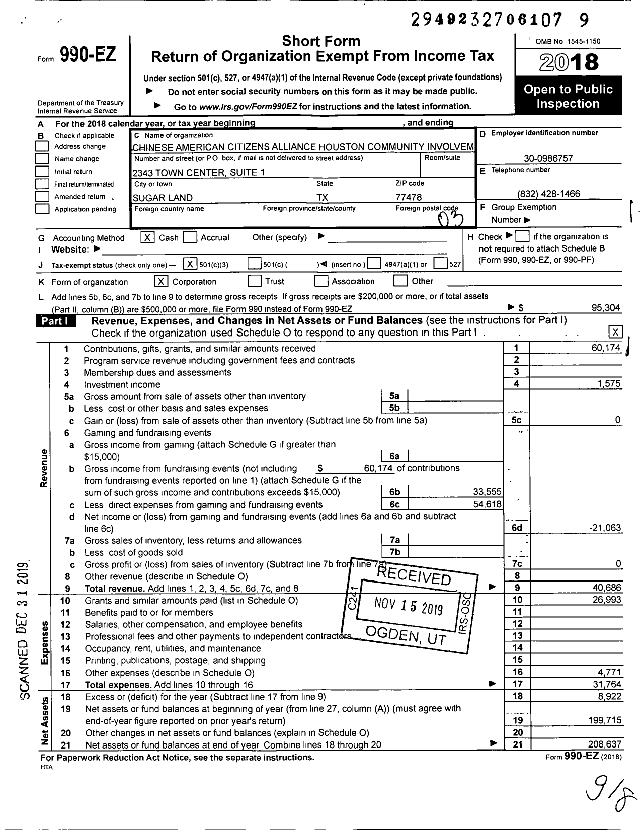 Image of first page of 2018 Form 990EZ for Chinese American Citizens Alliance Houston Community Involvement Fund