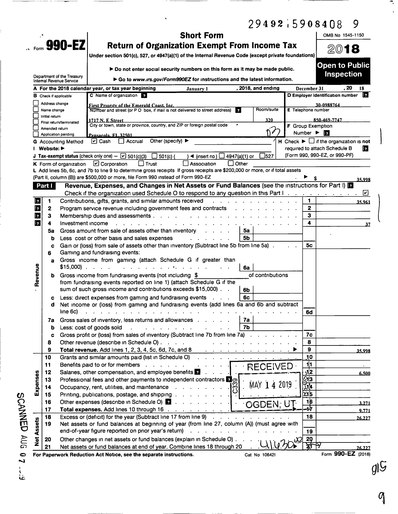 Image of first page of 2018 Form 990EZ for First Priority of the Emerald Coast
