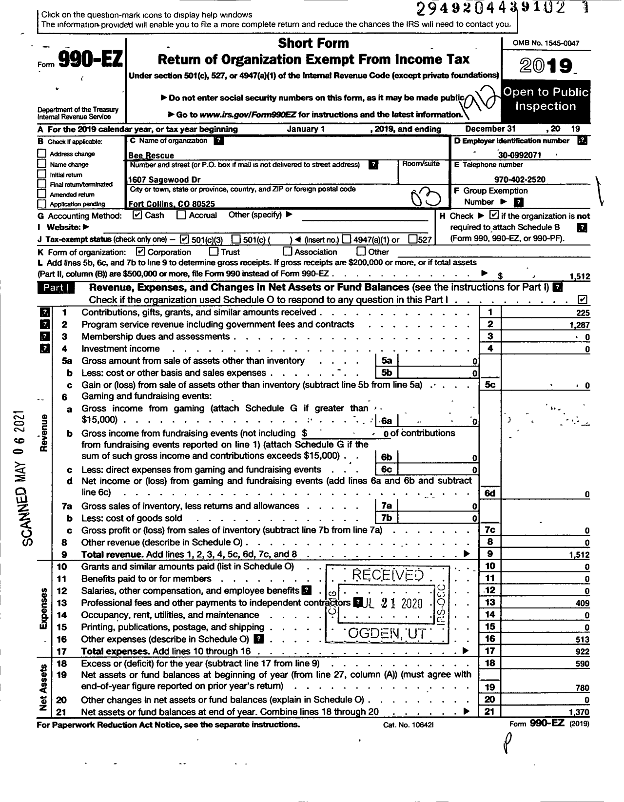 Image of first page of 2019 Form 990EZ for Bee Rescue