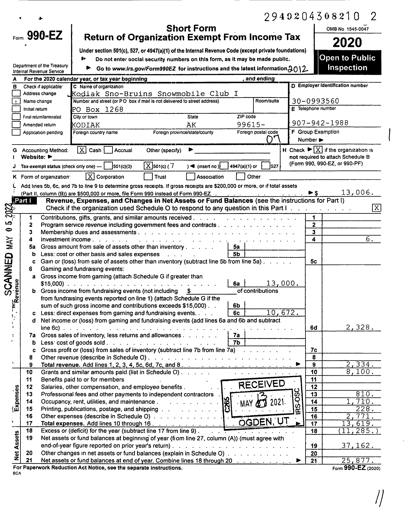 Image of first page of 2020 Form 990EO for Kodiak Sno-Bruins Snowmobile Club I