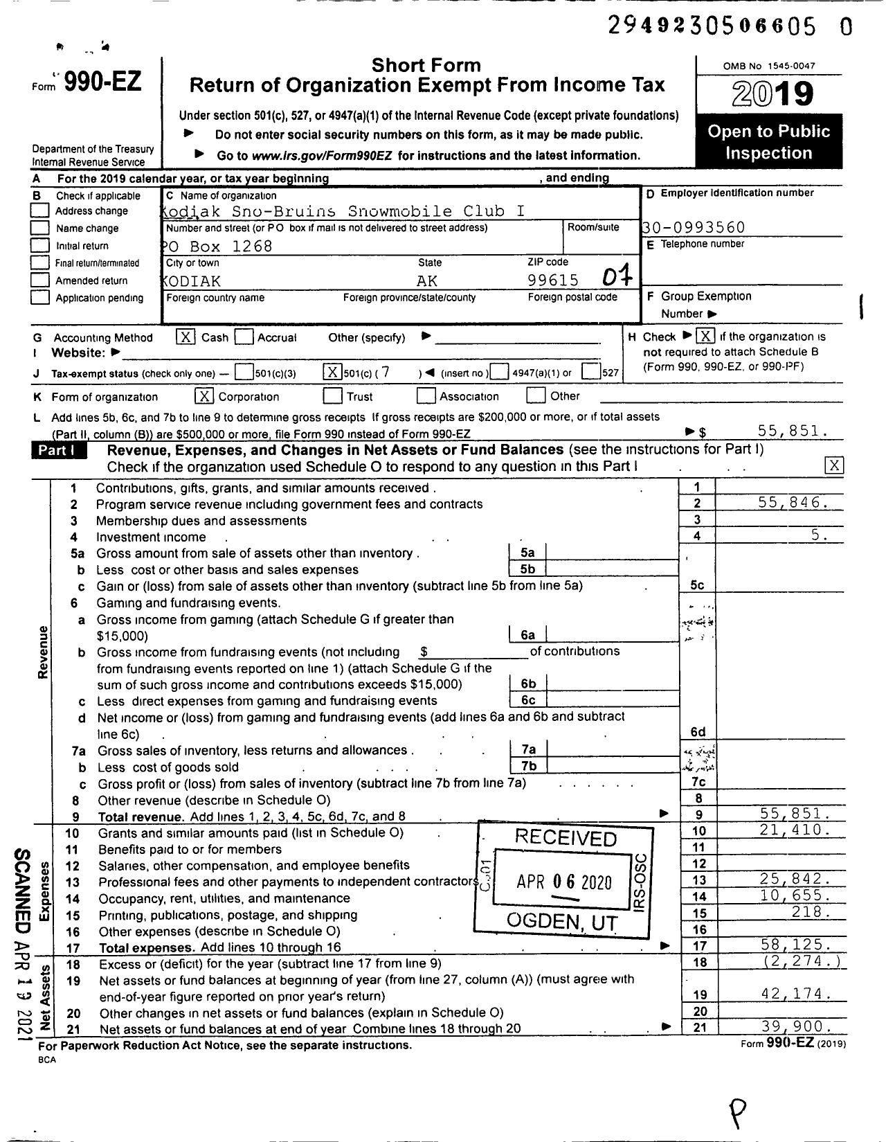 Image of first page of 2019 Form 990EO for Kodiak Sno-Bruins Snowmobile Club I