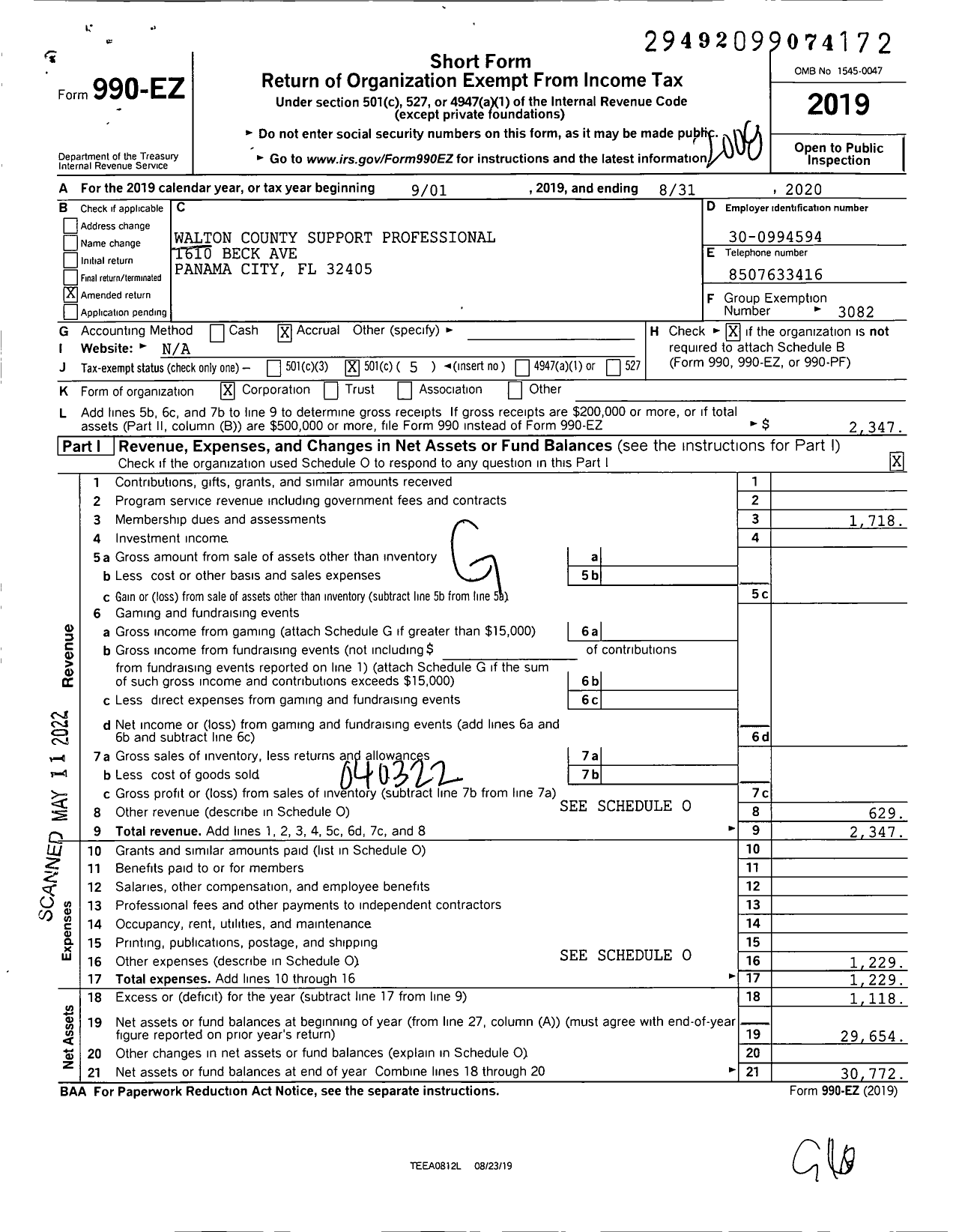 Image of first page of 2019 Form 990EO for Florida Education Association / Walton County Support Professionals