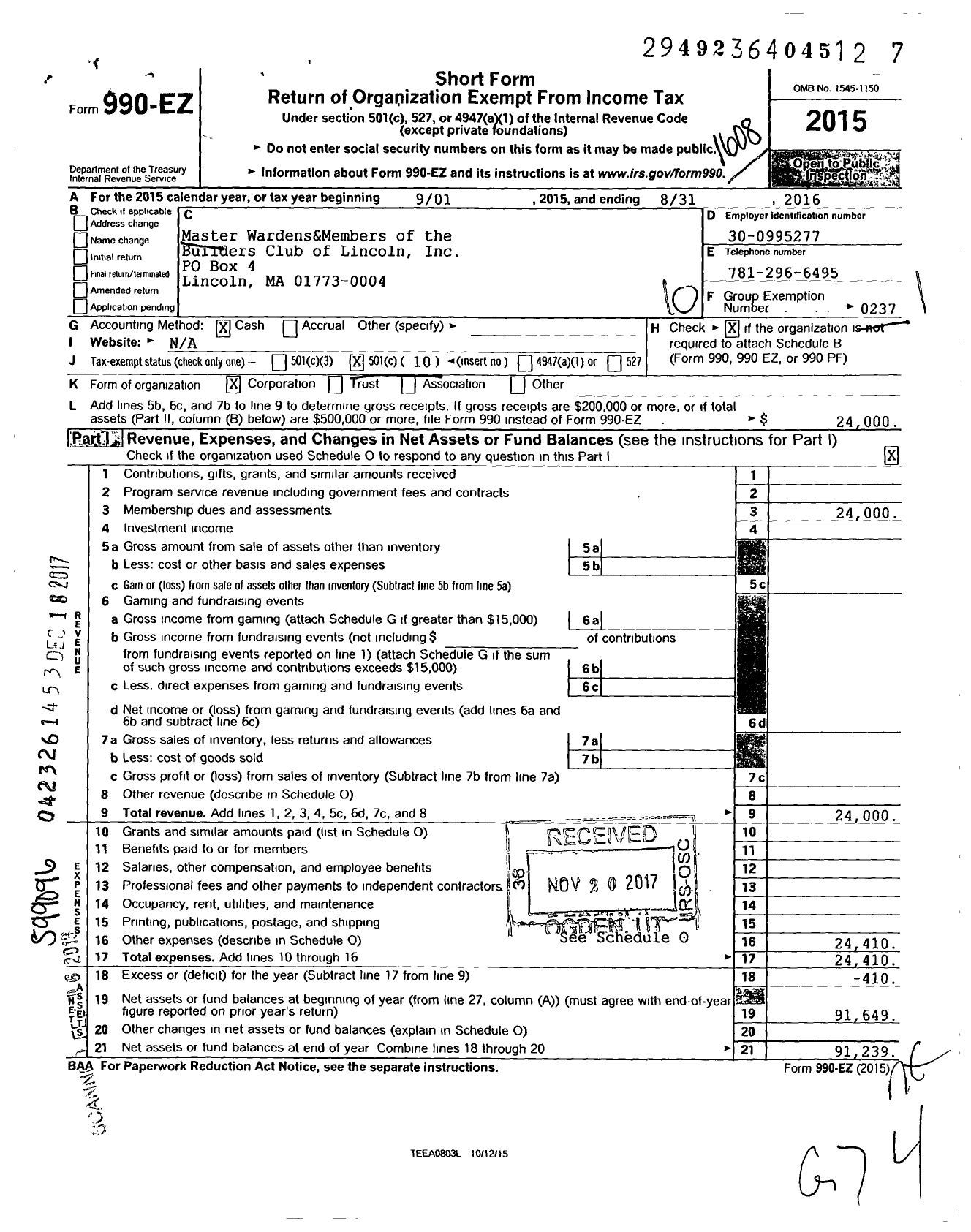 Image of first page of 2015 Form 990EO for Builders Club of Lincoln