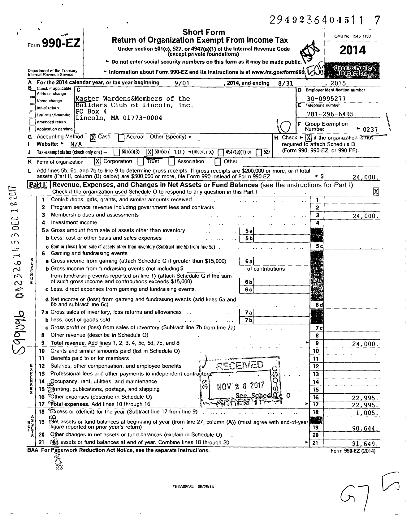 Image of first page of 2014 Form 990EO for Builders Club of Lincoln