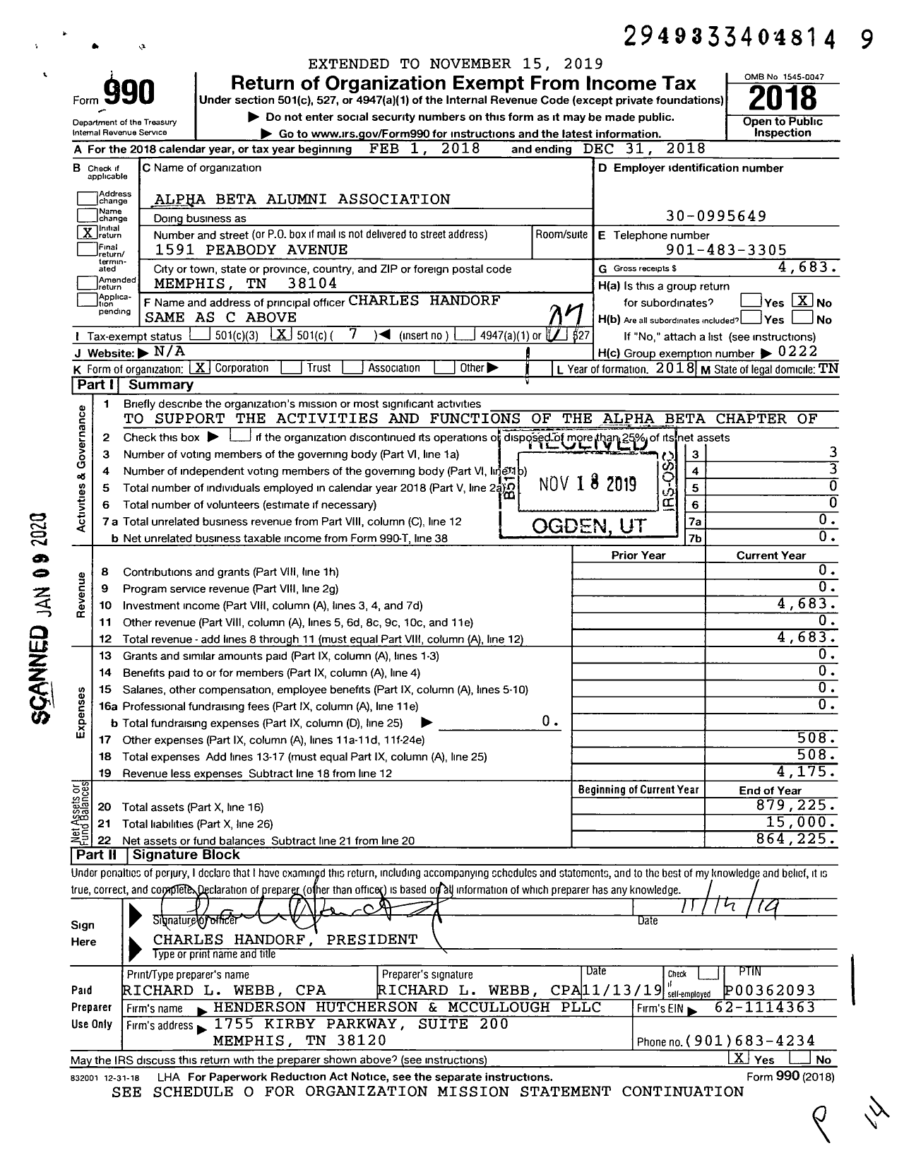 Image of first page of 2018 Form 990O for Phi Chi Medical Fraternity Alpha Beta Alumni Association