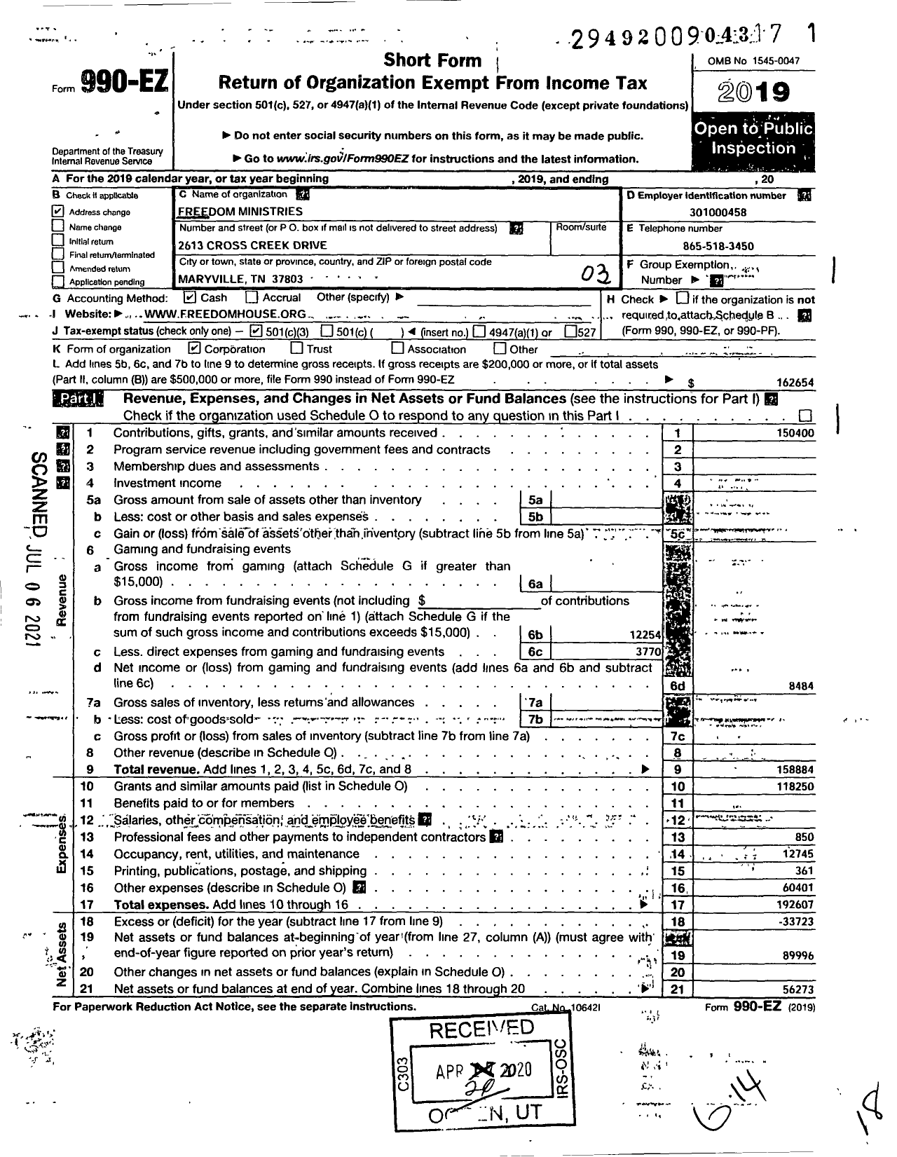 Image of first page of 2019 Form 990EZ for Freedom Ministries / Freedom House Haiti