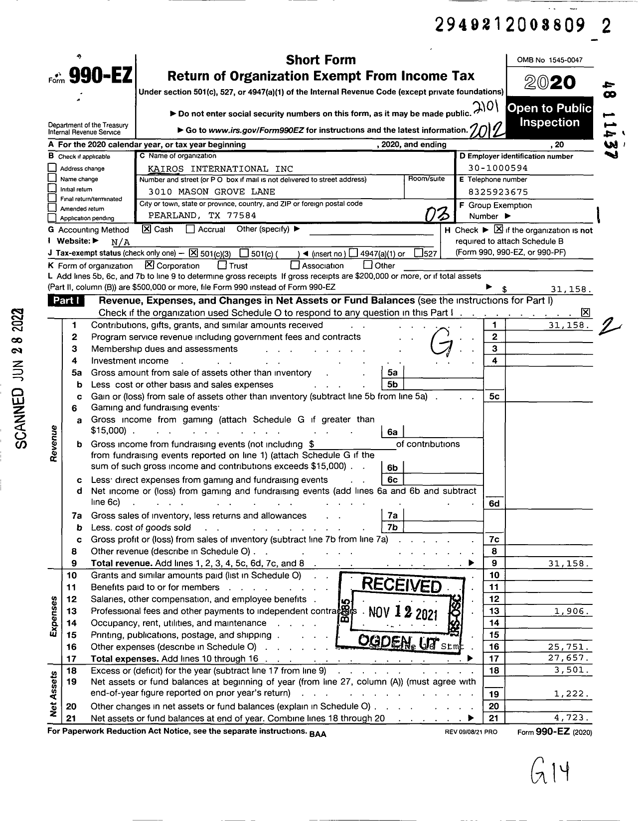 Image of first page of 2020 Form 990EZ for Kairos International