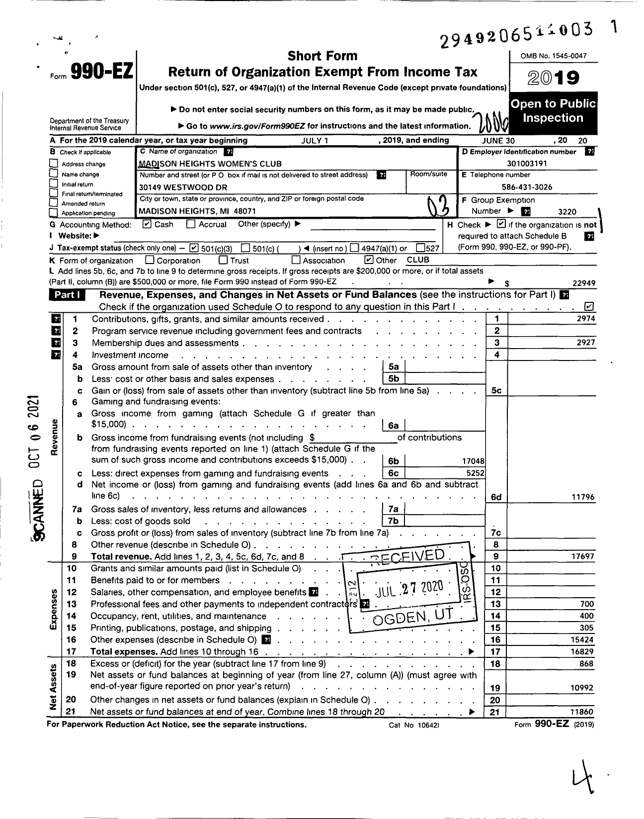 Image of first page of 2019 Form 990EZ for Madison Heights Women's Club